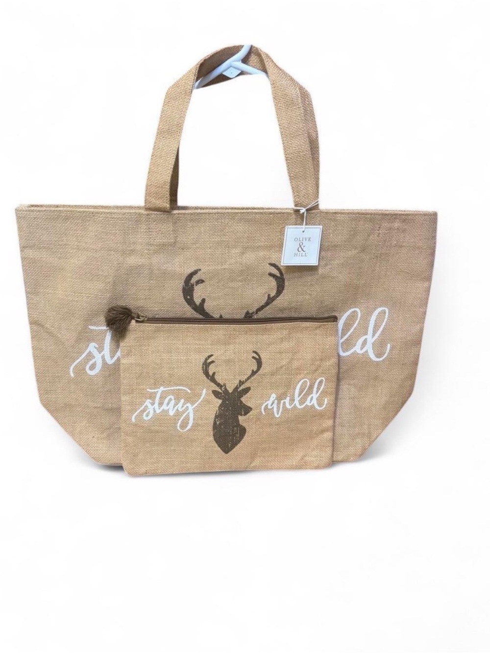 Canvas Jute Tote with Stag Graphic and Pouch - Natural